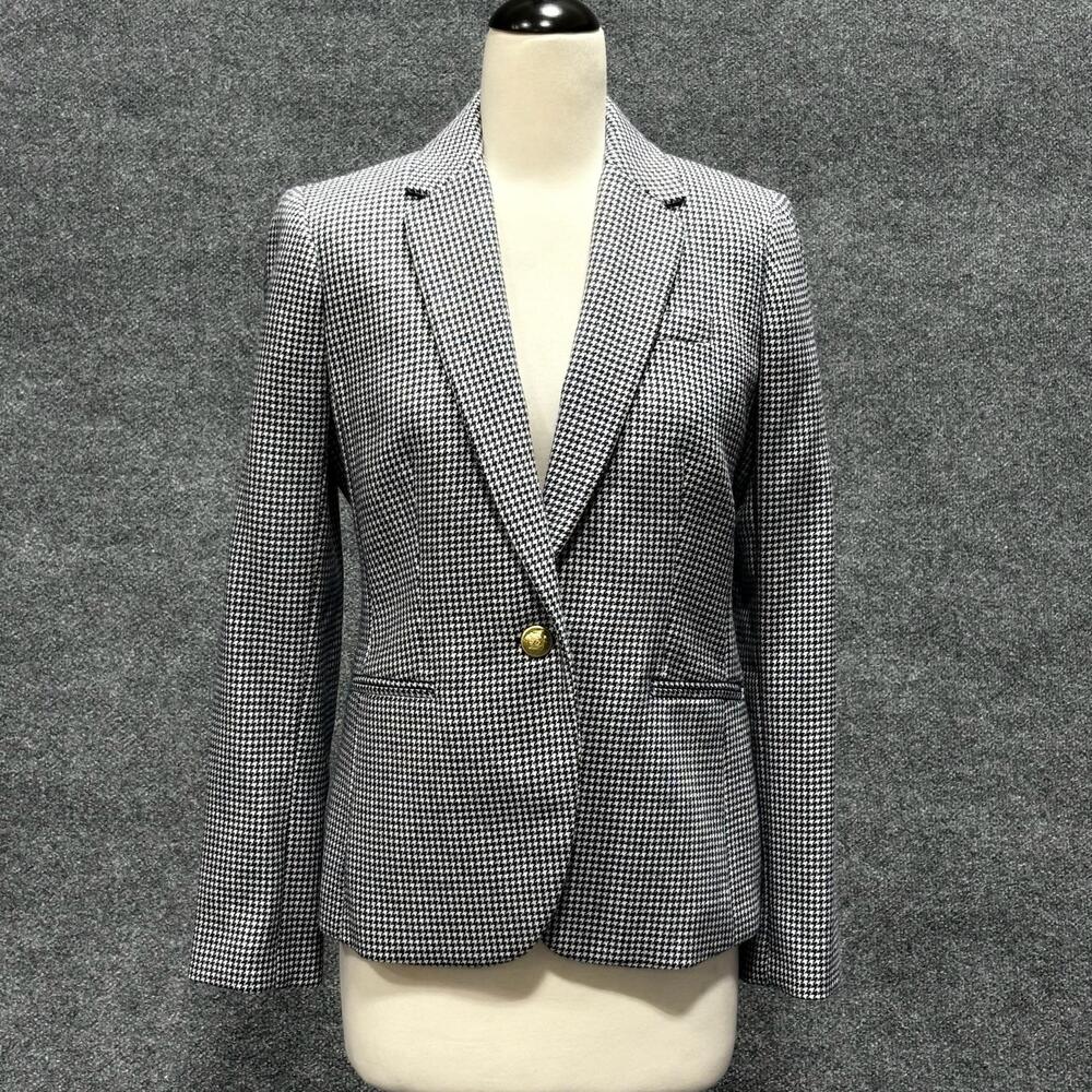 J Crew Blazer Womens 8 Blue Campbell Wool Houndstooth One Button Jacket Workwear